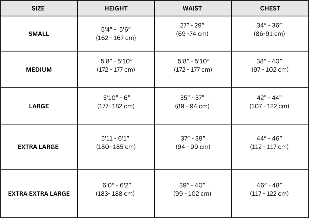 Mens wet Suit sizes