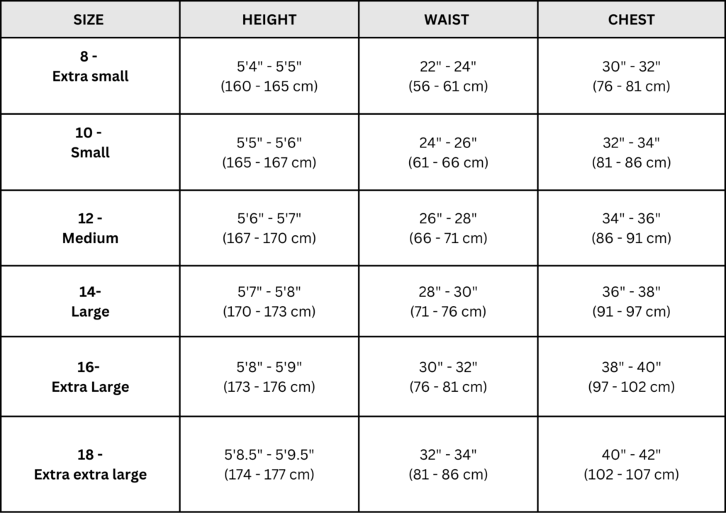 Womens wet suit sizes